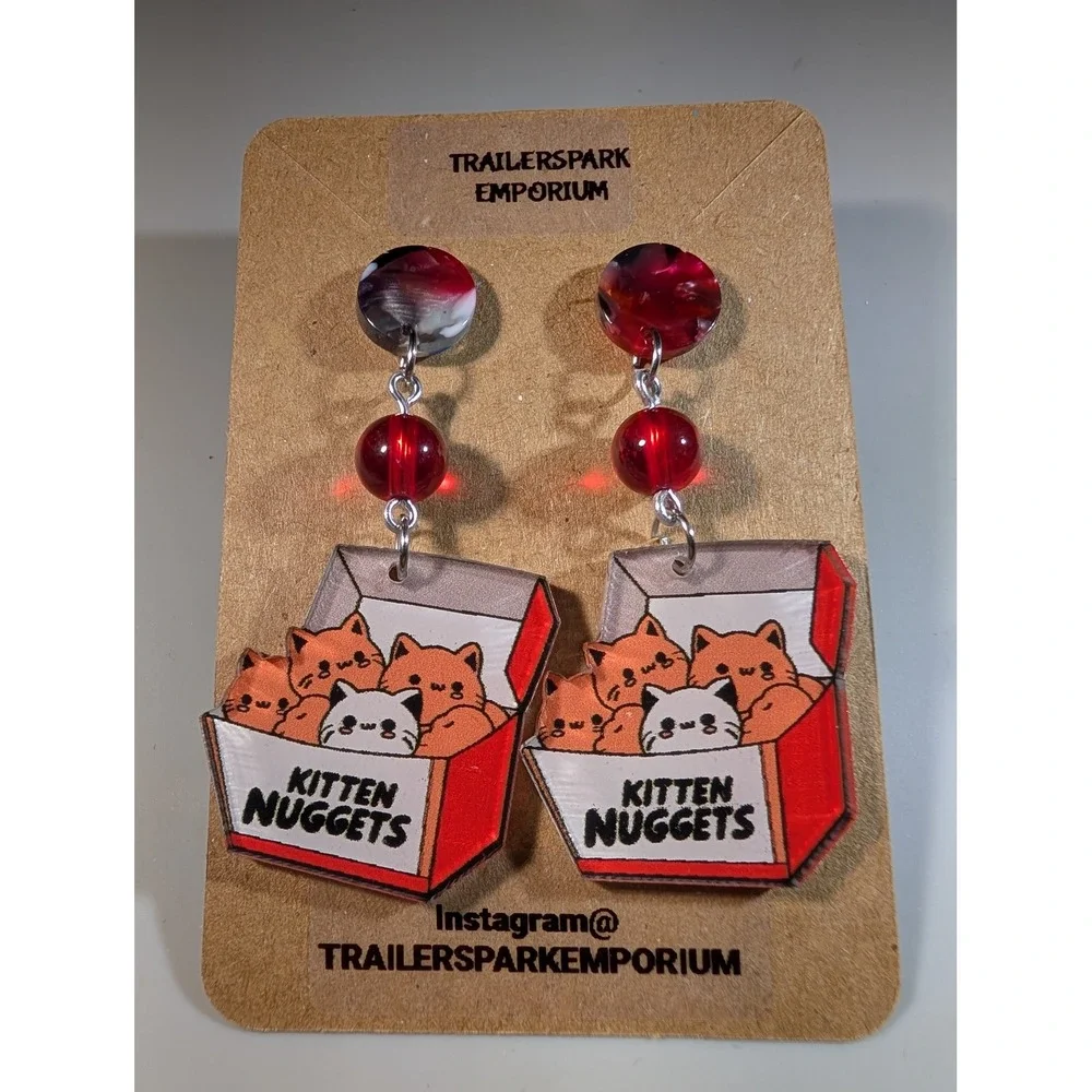 Trailerspark Emporium Kitten Nuggets Acrylic Drop Earrings Red Cat Nickel Free